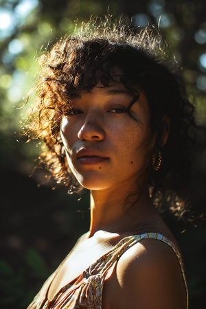 Portrait of a beautiful young woman with curly hair and brown eyesの素材