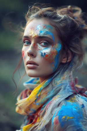 Portrait of a beautiful young woman with creative make-up and bodyartの素材