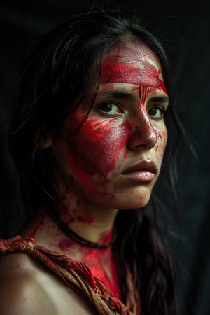 Portrait of young woman with blood on her face. Halloween.の素材