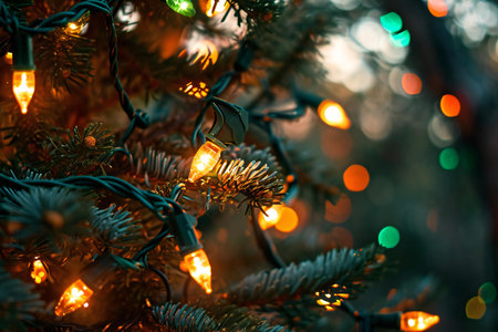 Christmas lights on the branches of a Christmas tree with bokeh backgroundの素材