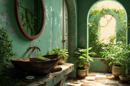 Interior of a green villa with plants and a wooden sinkの素材