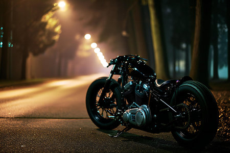 Motorcycle on the road at night. Selective focus. Shallow depth of field.の素材