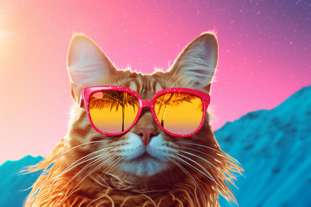 Funny cat wearing sunglasses on snowy mountains background. Toned.の素材