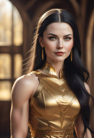 Portrait of a beautiful young brunette woman in a gold dressの素材