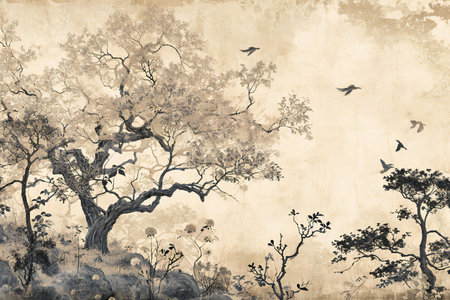 Old grunge paper background with tree and bird. Vintage style illustrationの素材