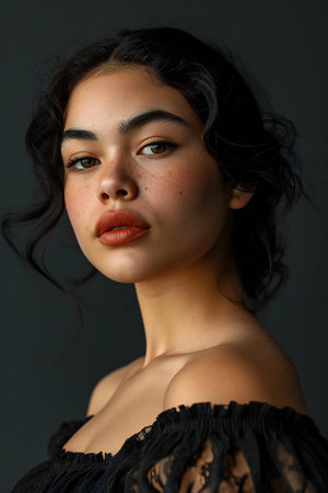 Portrait of a beautiful young brunette woman on a black backgroundの素材