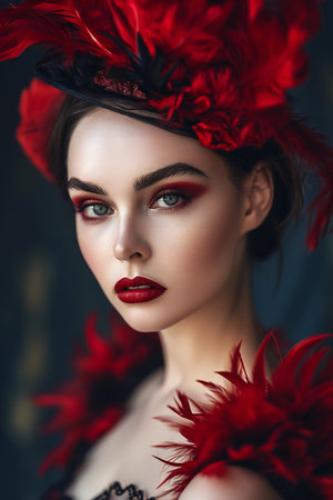 Portrait of a beautiful girl with bright make-up and red feathersの素材