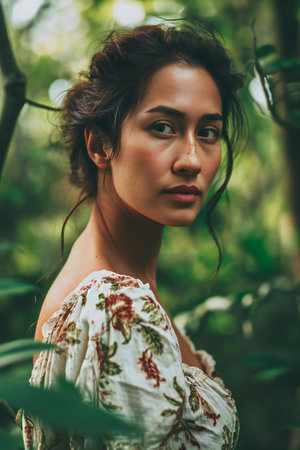 Portrait of a beautiful young woman in a tropical forest. Bali island.の素材