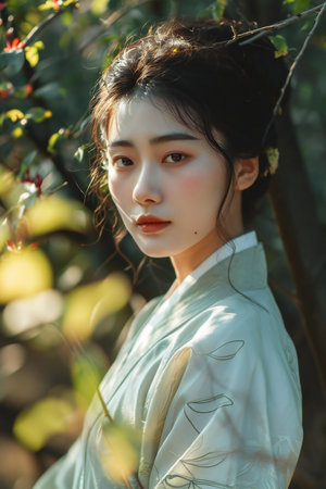 Portrait of a beautiful asian girl in kimono in the gardenの素材