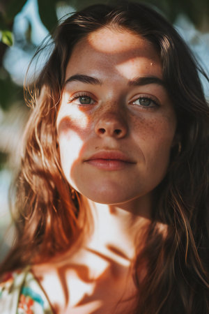 Portrait of a beautiful young girl with freckles on her faceの素材