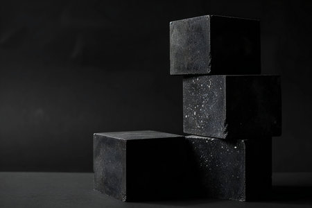 Three black concrete cubes on a dark background. Mock up for design.の素材