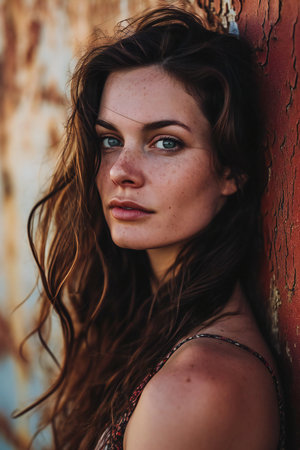 Portrait of a beautiful young girl with blue eyes and long hairの素材