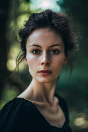 Portrait of a beautiful young woman in a black dress in the forestの素材