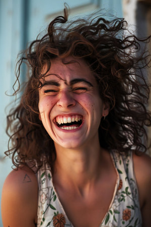 Portrait of a beautiful young woman with curly hair, smiling.の素材
