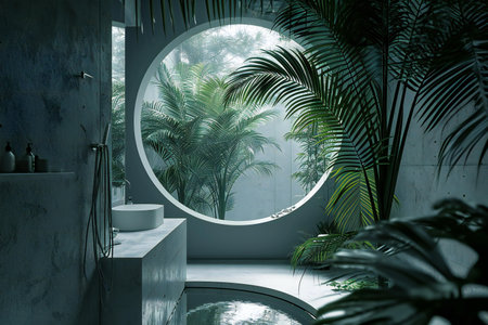 Contemporary bathroom interior with round mirror and tropical plants.の素材