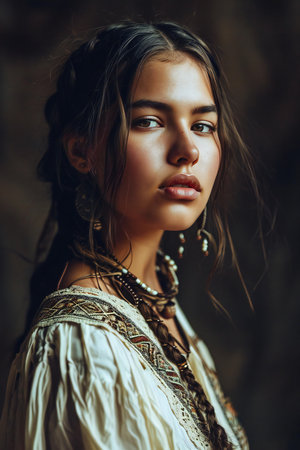 Portrait of a beautiful young woman in a boho style.の素材