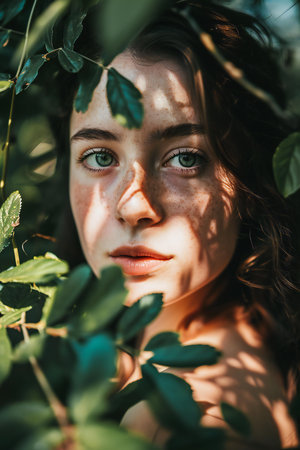 Portrait of a beautiful young woman with green eyes in the forestの素材