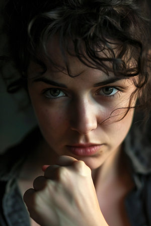 Portrait of a beautiful young woman looking at the camera with a serious expressionの素材