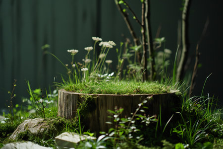 Wooden stump with grass and flowers on the background of a green wallの素材