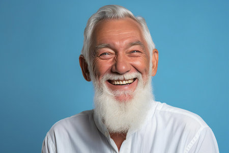 Portrait of happy senior man with white beard on blue background.の素材