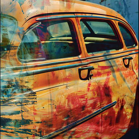 abandoned old car on a background of blue and orange wallの素材