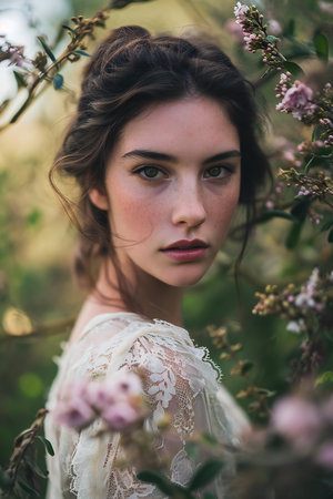 Portrait of a beautiful girl in a white lace dress in the gardenの素材