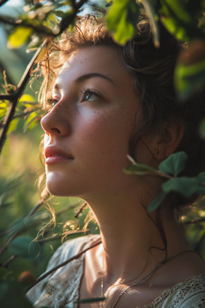 Portrait of a beautiful young woman with curly hair in the gardenの素材