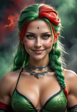 Portrait of a beautiful young woman with green hair and fantasy make-upの素材