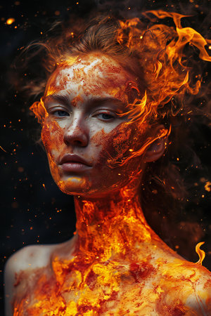 Portrait of a girl with a fiery bodyart on a black backgroundの素材