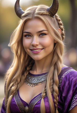 Portrait of a beautiful girl in a purple dress with horns.の素材