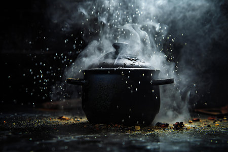 Stainless steel pot with boiling water on dark background with smokeの素材