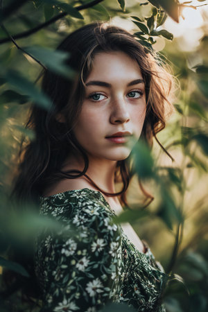 Portrait of a beautiful girl in a green dress in the gardenの素材