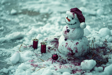 Snowman with christmas baubles on snow. Christmas backgroundの素材
