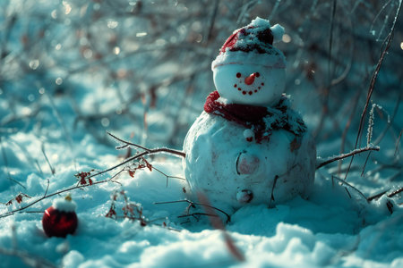 Snowman on the snow in the winter forest. Christmas background.の素材