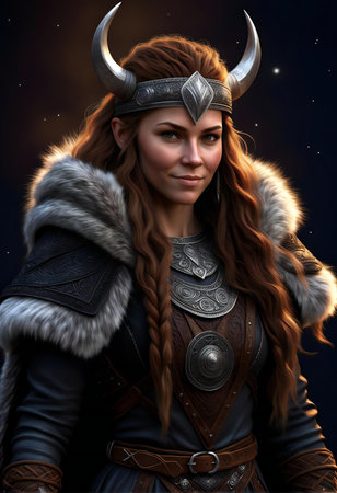 a fantasy warrior woman with horns and leather armorの素材