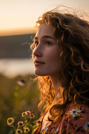Portrait of a beautiful young woman with curly hair at sunset.の素材
