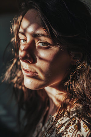 Portrait of a beautiful young woman with long brown hair and brown eyesの素材
