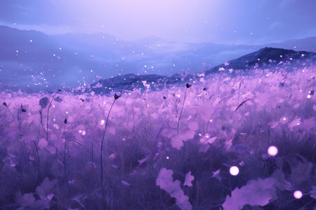 Purple cosmos flower meadow with sunset sky and mountain background.の素材