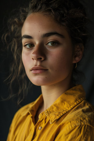 Portrait of a beautiful girl with curly hair in a yellow shirtの素材