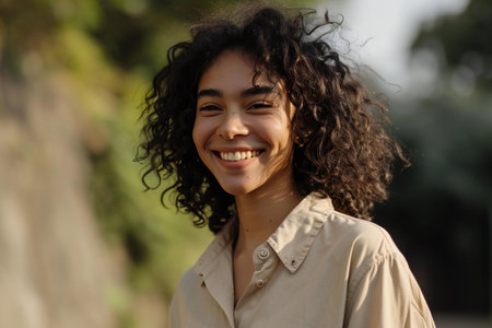 Portrait of a beautiful young african american woman smiling outdoorsの素材