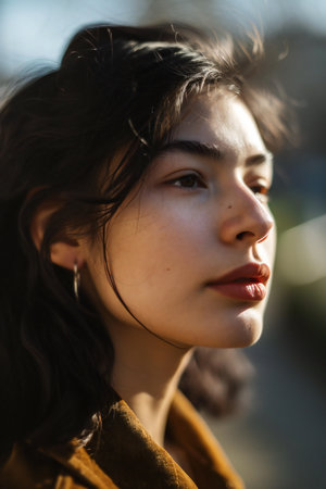 Portrait of a beautiful brunette girl in a yellow coat.の素材