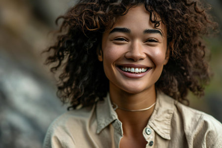 Close up portrait of a beautiful young african american woman smiling outdoorsの素材