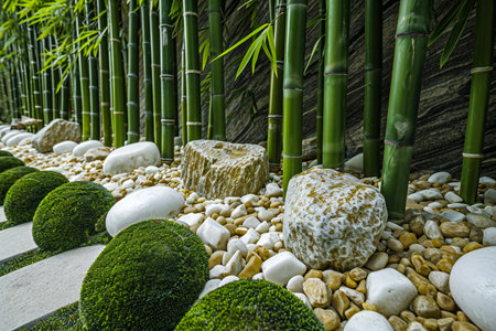 stone walkway in the garden with green bamboo and rock background.の素材