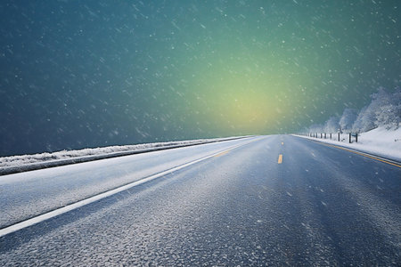 Winter road with snow and falling snowfall. Christmas and New Year backgroundの素材