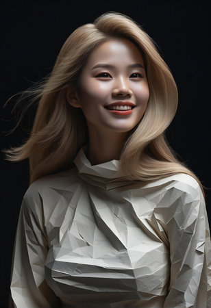 Portrait of a beautiful asian woman with long blond hair in white shirt on black backgroundの素材
