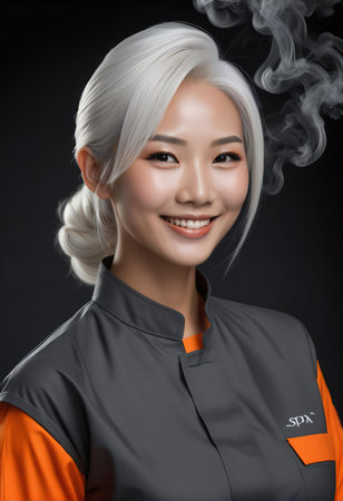 smiling asian woman with white hair and smoke on black backgroundの素材