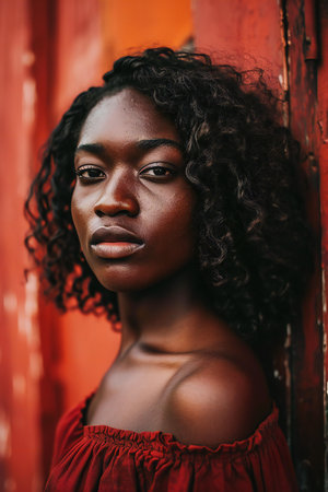 Portrait of a beautiful african american woman with curly hairの素材