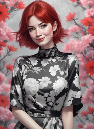 Portrait of a beautiful young woman with red hair in a kimono.の素材