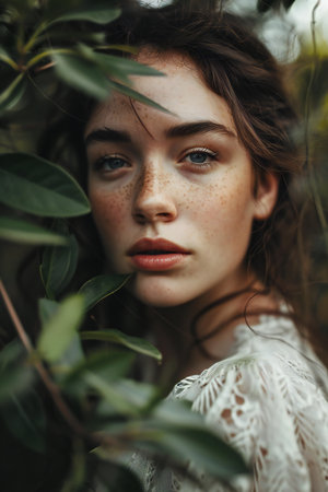 Portrait of a beautiful young girl with freckles on her faceの素材