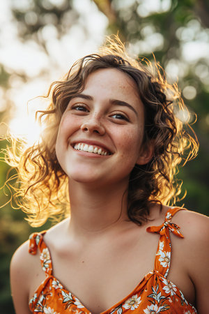 Portrait of a beautiful girl with curly hair in the park at sunsetの素材